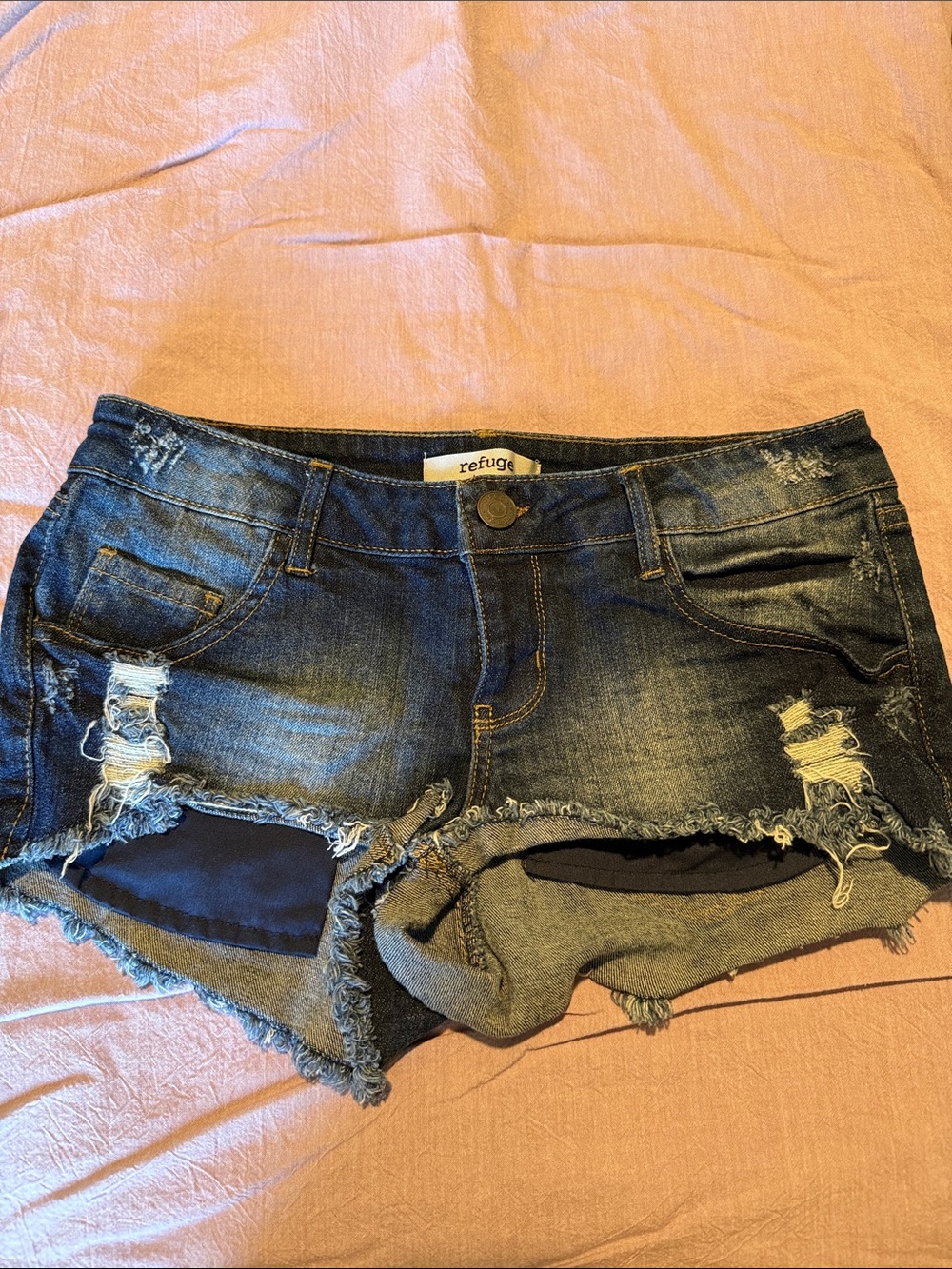 refuge Distressed Dark Blue Denim Cutoff Shorts